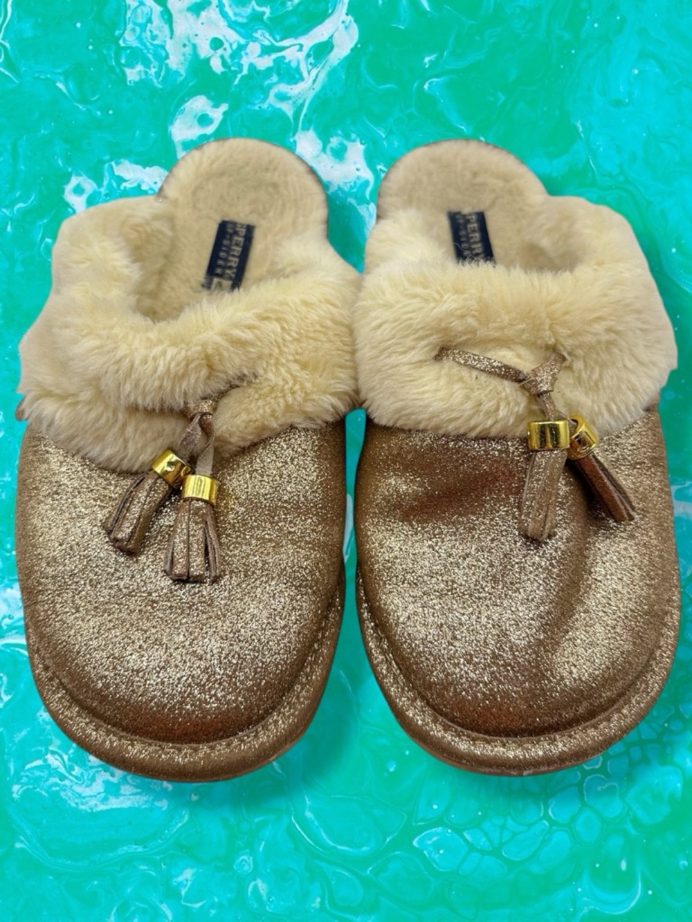Sperry Rare Top Sider Gold Glitter Fur Trim Leather Slip On Comfy Clog Slippers